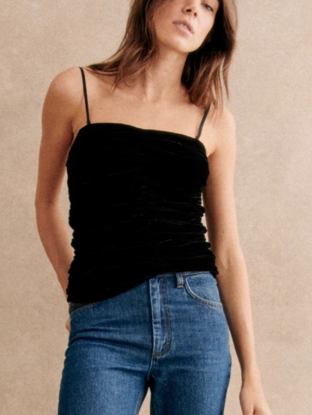Sezane Ruched Velvet Spaghetti-Strap Bustier